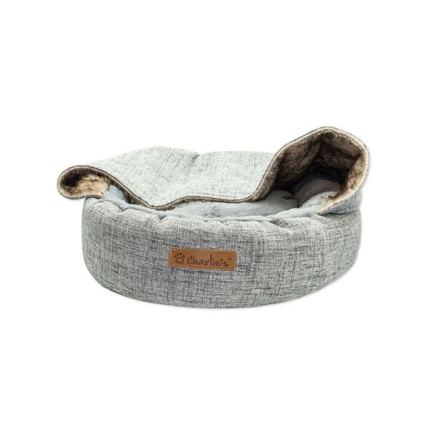 Charlie’s – Snookie Hooded Pet Bed – Faux Wolf Fur & Linen – [Light Grey]